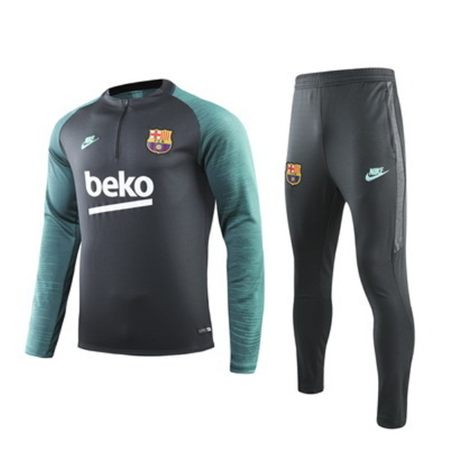 M113 Ensemble foot Barcelone Survetement vert noirâtre/Noir 2019 2020 Col Rond sweat zippé