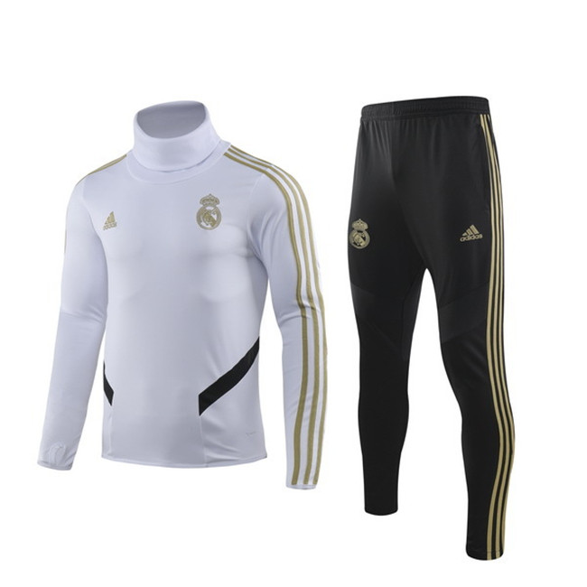 M118 Ensemble foot Real Madrid Survetement Blanc/Noir 2019 2020 Col Haut