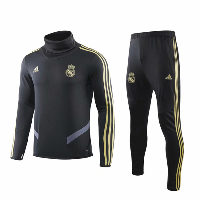 M119 Ensemble foot Real Madrid Survetement Noir 2019 2020 Col Haut