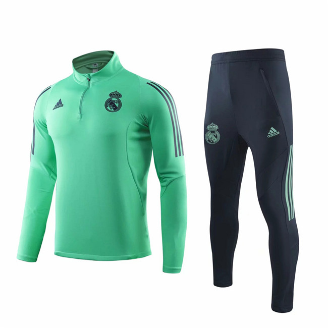 M121 Ensemble foot Real Madrid Survetement Vert/Noir 2019 2020 Col Haut sweat zippé