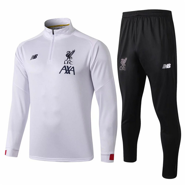 M131 Ensemble foot Liverpool Survetement Blanc/Noir 2019 2020 Col Haut sweat zippé