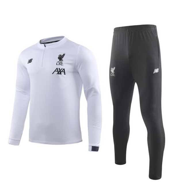 M132 Ensemble foot Liverpool Survetement Blanc/Noir 2019 2020 Col Rond sweat zippé