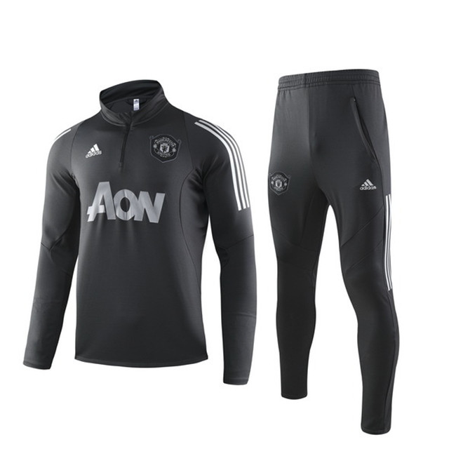 M138 Ensemble foot Manchester United Survetement Noir 2019 2020 Col Haut sweat zippé