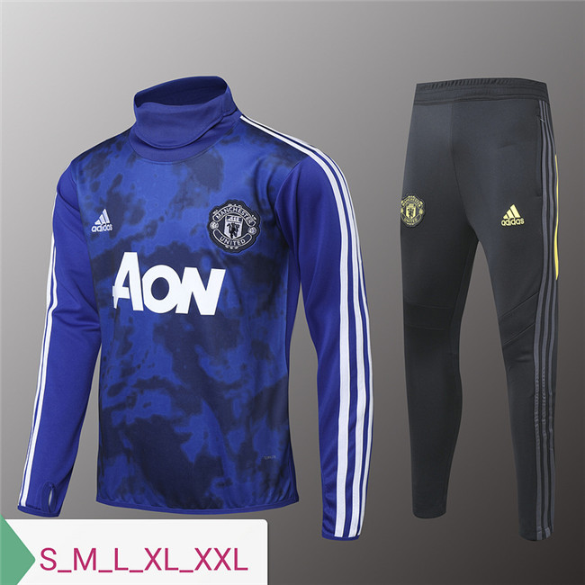 M139 Ensemble foot Manchester United Survetement Bleu/Noir 2019 2020 Col Haut