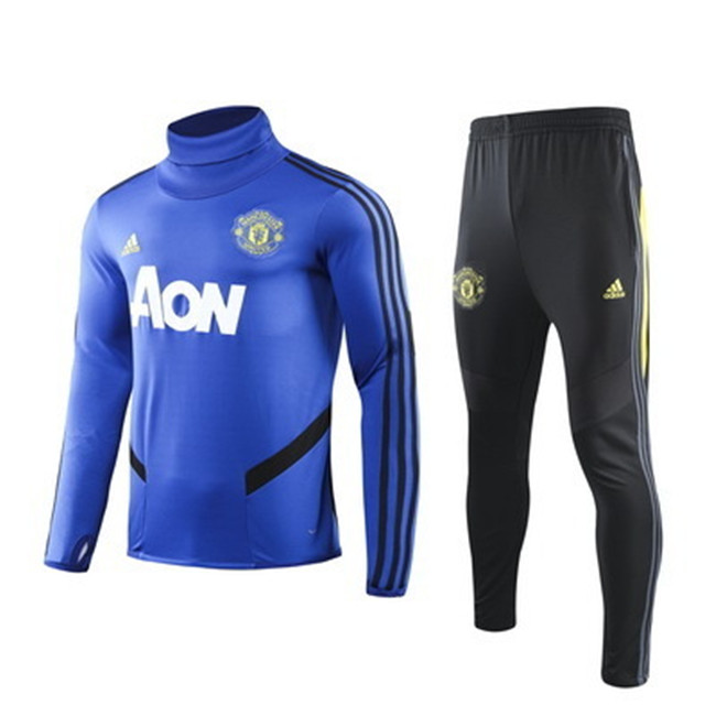 M140 Ensemble foot Manchester United Survetement Bleu/Noir 2019 2020 Col Haut