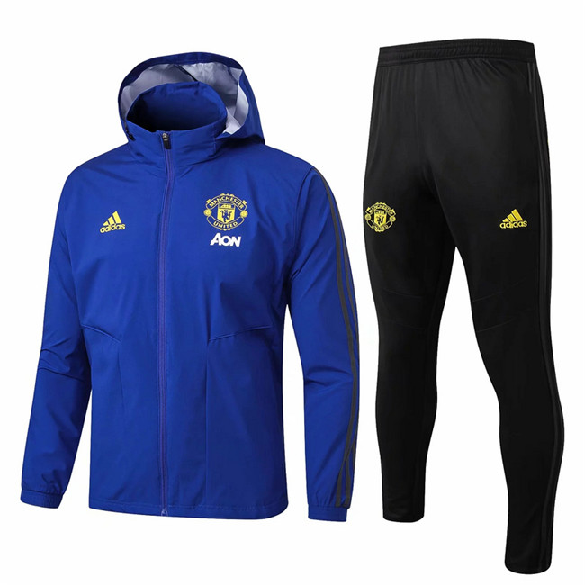 M142 Ensemble foot Manchester United Coupe vent Bleu/Noir à Capuche 2019 2020