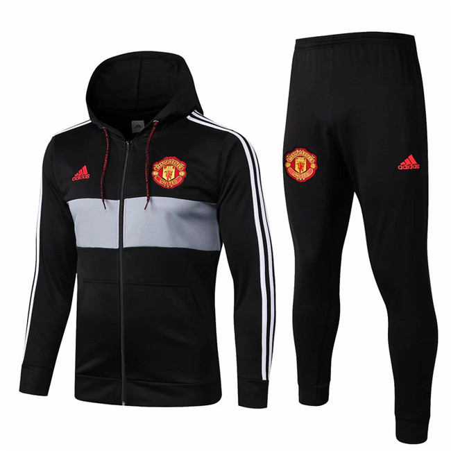 M143 Ensemble foot Manchester United Veste Survetement Noir à Capuche 2019 2020