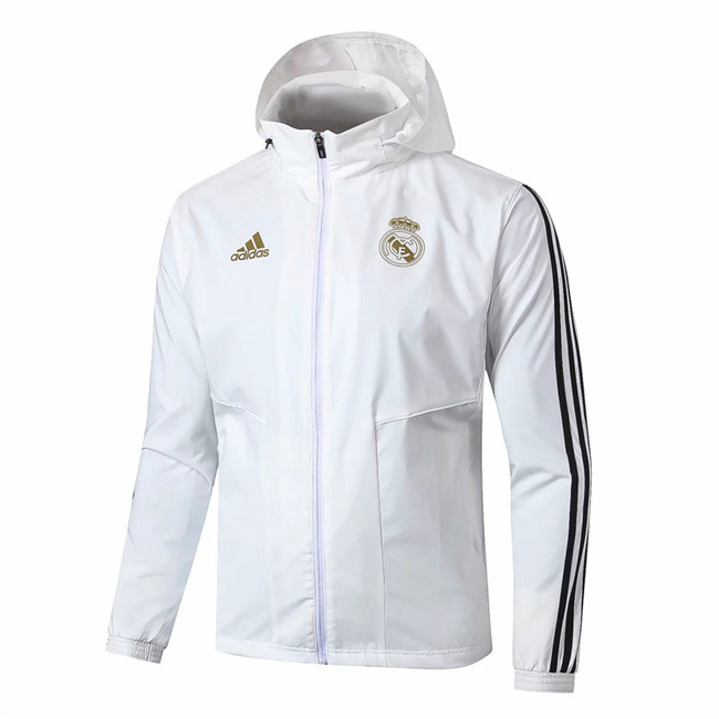 M264 Vestes foot Real Madrid Coupe vent Blanc/Noir à Capuche 2019 2020