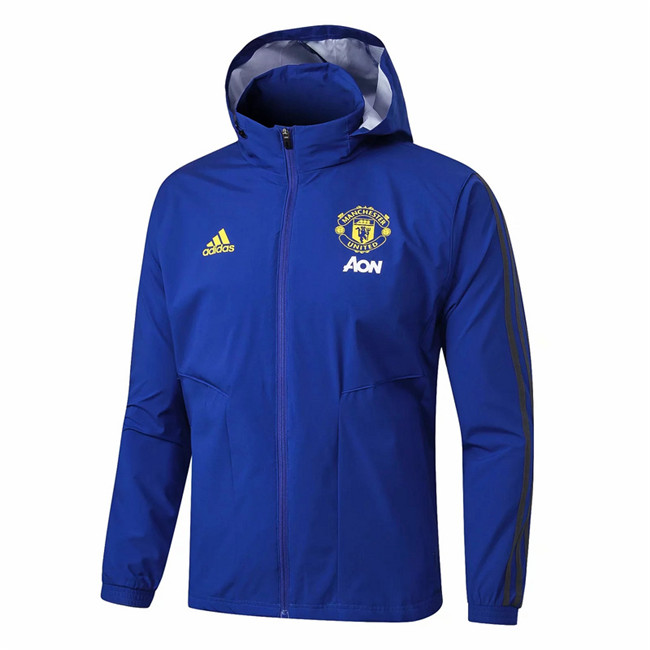 M322 Vestes foot Manchester United Coupe vent Bleu/Noir à Capuche 2019 2020