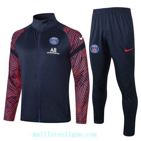 Ensemble foot PSG Veste Survetement Bleu Marine/Rouge Col Haut 2020 2021