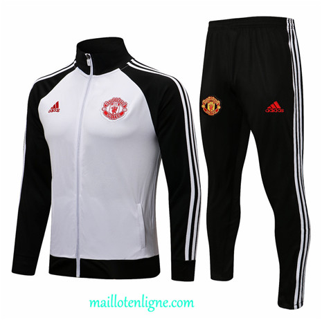 Thai Ensemble foot Manchester United Veste Survetement Blanc/Noir Col Haut 2021 2022