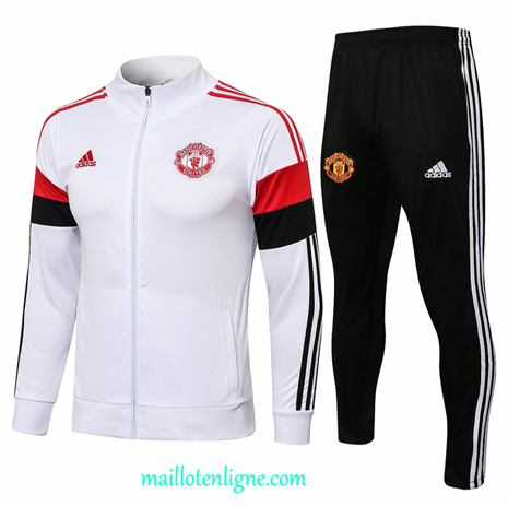 Thai Ensemble foot Manchester United Veste Survetement Blanc/Rouge/Noir Col Haut 2021 2022