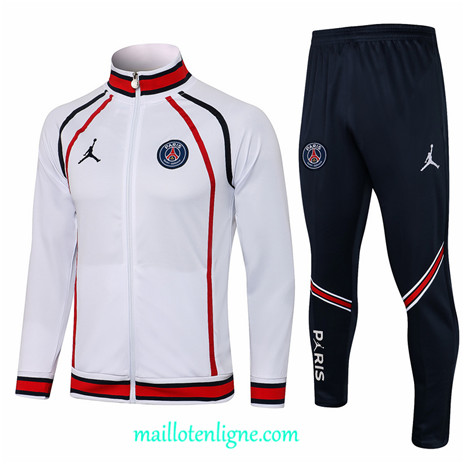 Thai Ensemble foot Jordan PSG Veste Survetement Blanc/Rouge 2021 2022 Col Haut