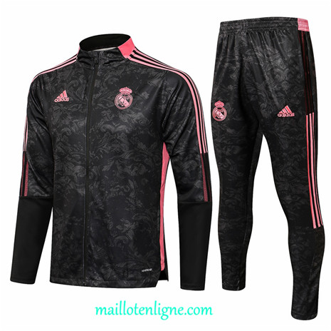 Thai Ensemble foot Real Madrid Veste Survetement Noir/Rouge 2021 2022 Col Haut