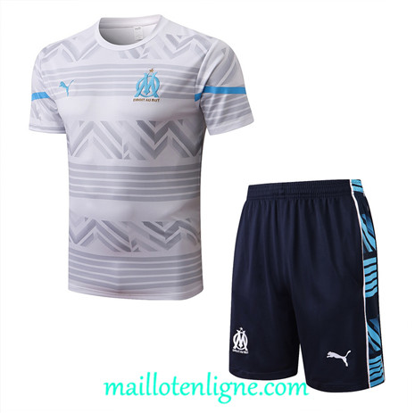 Thai Maillot Ensemble Marseille + Short Training Blanc/Bleu Marine 2022/2023 E1146