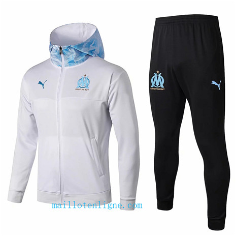 Maillotenligne Veste Survetement Marseille Blanc/Bleu à Capuche 2019/2020