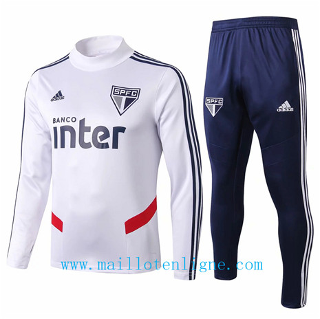 Ensemble foot Sao Paulo Survetement Blanc/Bleu 2019 2020 Col Ron