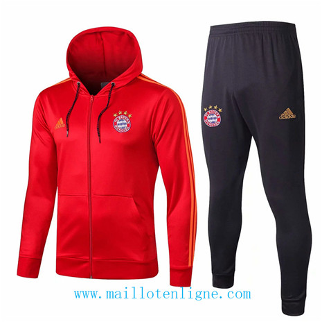 D007 Survetement de foot Bayern Munich Veste Rouge/Bleu Marine à Capuche 2019 2020