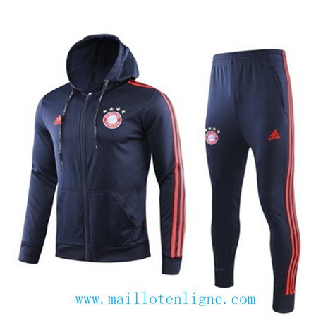 D008 Survetement de foot Bayern Munich Veste Bleu Marine/Rouge bande à Capuche 2019 2020