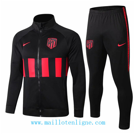 D018 Survetement de foot Atletico de Madrid Veste Noir/Rouge bande 2019 2020