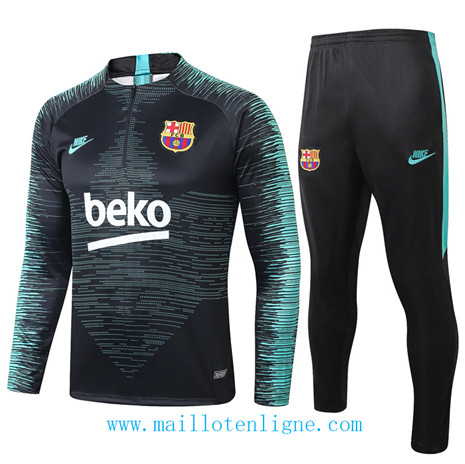 D025 Survetement de foot Barcelone Noir/Bleu Vert bande sweat zippé 2019 2020