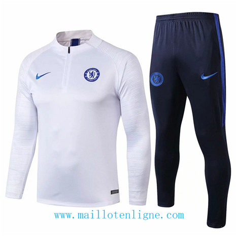 D080 Survetement de foot Chelsea Blanc/Bleu Marine sweat zippé 2019 2020