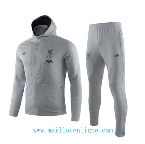 D089 Survetement de foot Liverpool Veste Gris Blanc à Capuche 2019 2020