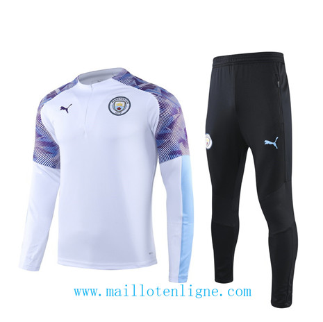 D096 Survetement de foot Manchester City Blanc/Noir sweat zippé 2019 2020