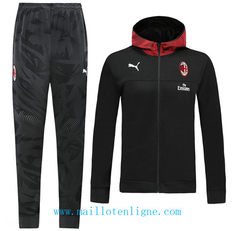 D097 Survetement de foot AC Milan Noir/Rouge à Capuche 2019 2020