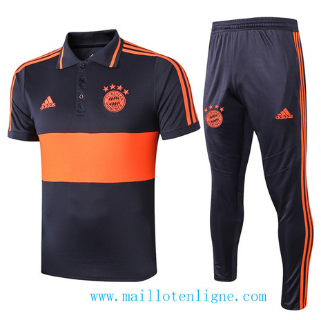 D132 Training de foot Bayern Munich POLO Entrainement Bleu Marine/Orange Jaune bande 2019 2020